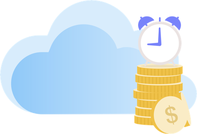 Alarm clock stacked on top of gold coins with a light blue cloud background.