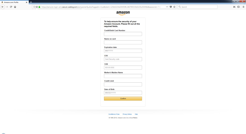 Phishing attempt from Amazon spoof form