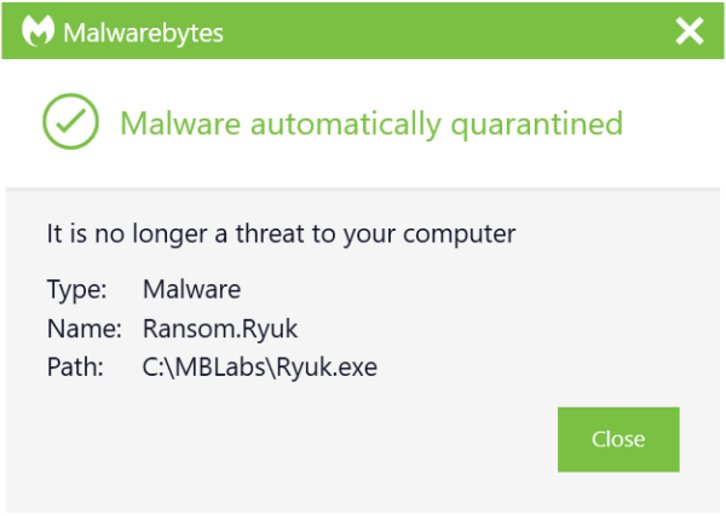 Malwarebytes blocking Ryuk Ransomware